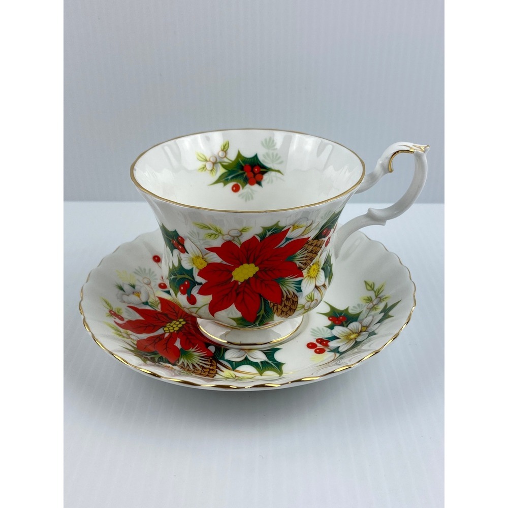 Royal Albert Yuletide Teacup Saucer Set Poinsettia Christmas Bone China England